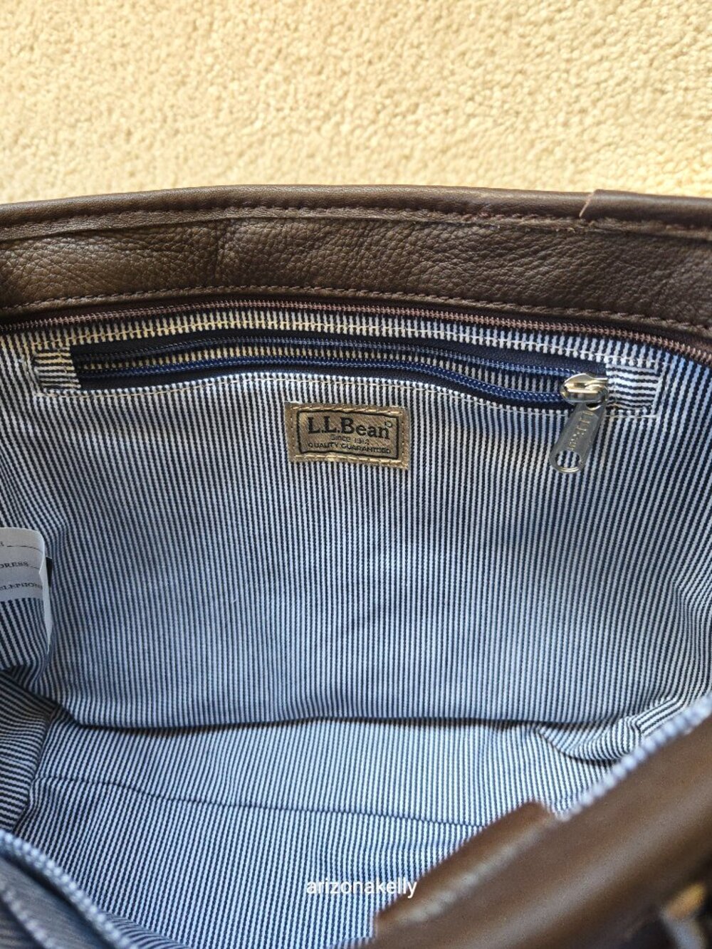 NWOT L.L. Bean Leather Satchel Purse Bag Handbag Brown Pinstripe Lining - Picture 4 of 15